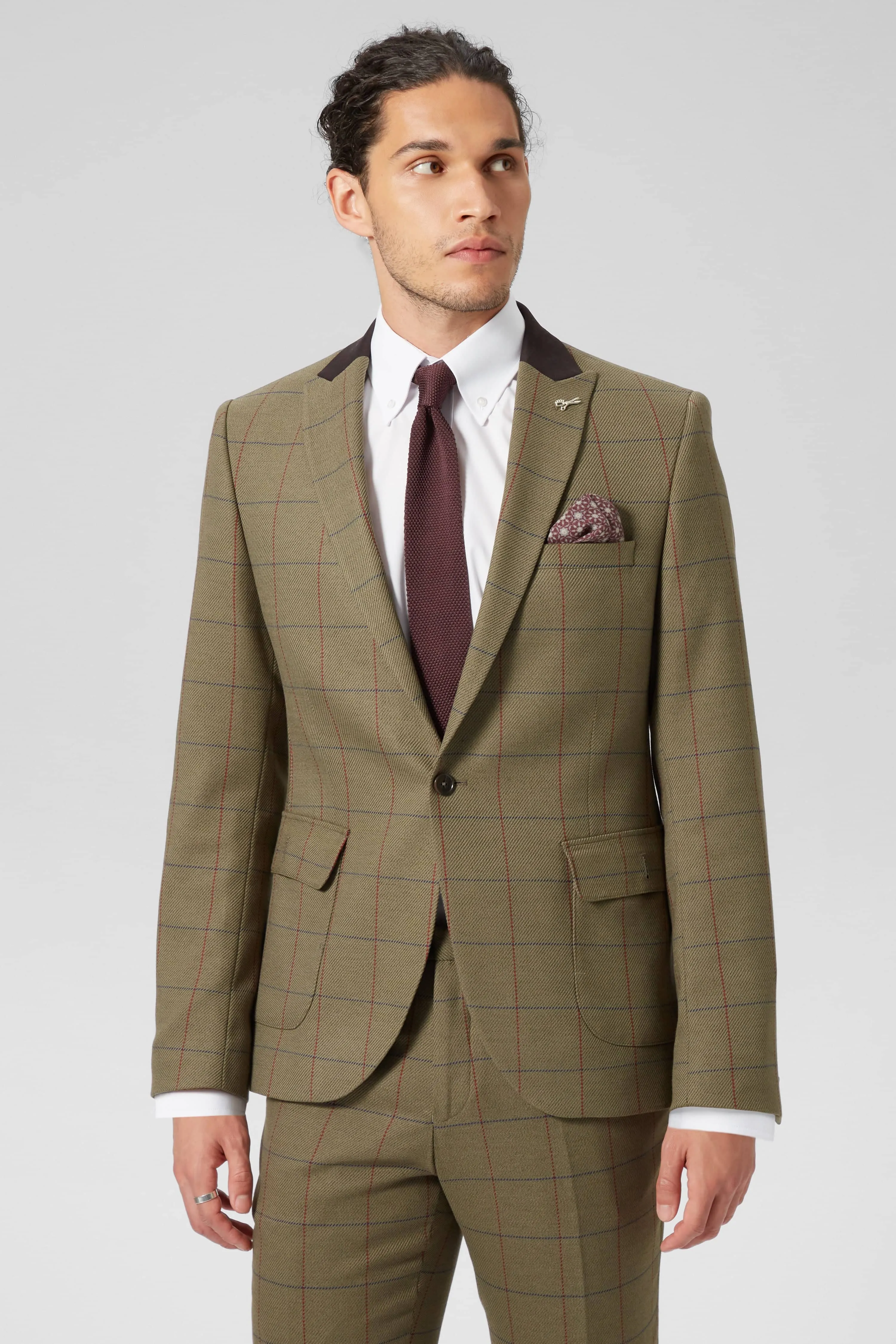 Beadon Slim Fit Khaki Check Tweed Suit - ARCHIVE