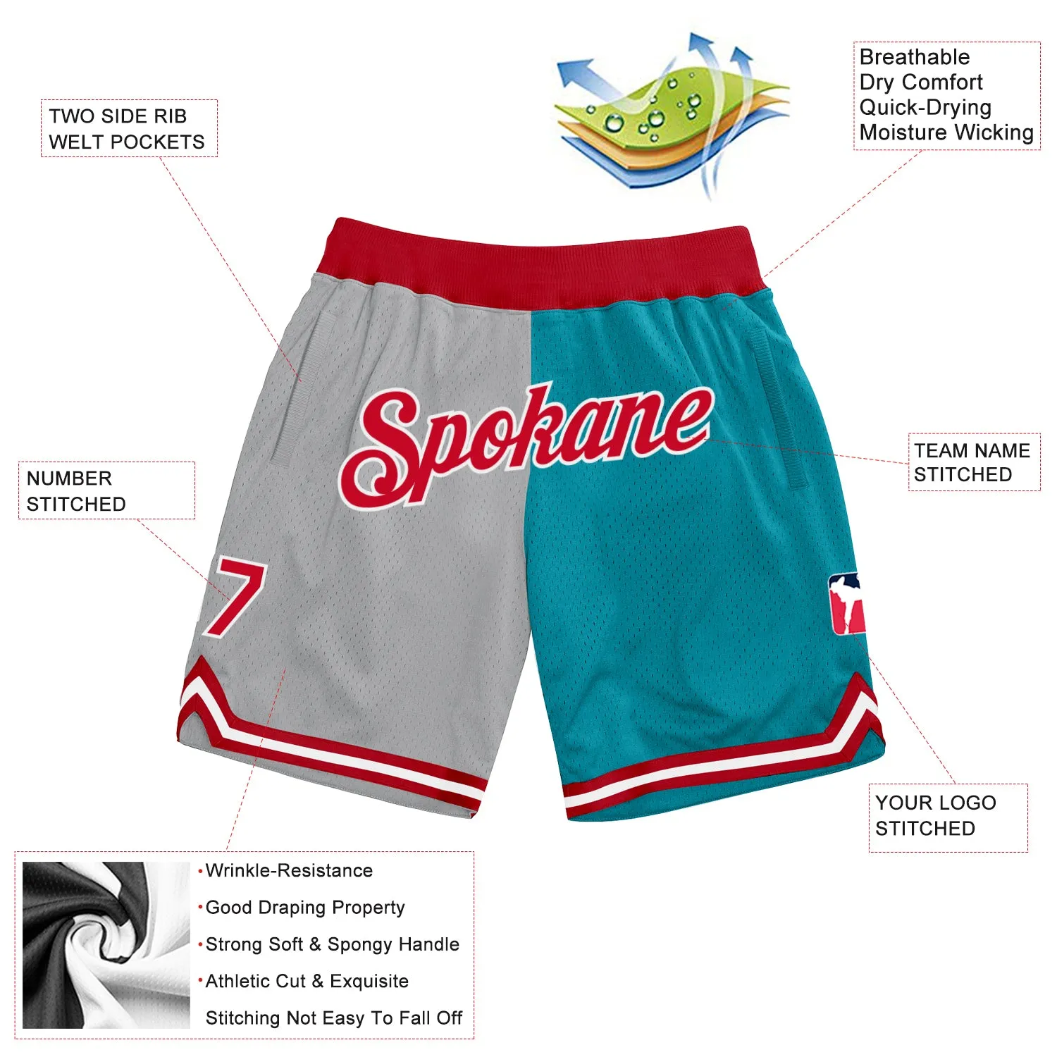 Custom Gray Red-Teal Authentic Throwback Split Fashion Basketball Shorts