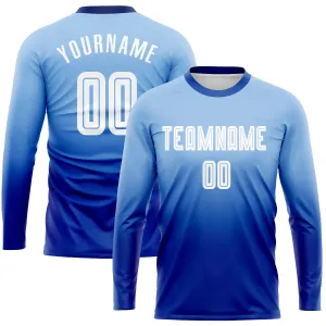 Custom Light Blue White-Royal Sublimation Long Sleeve Fade Fashion Soccer Uniform Jersey