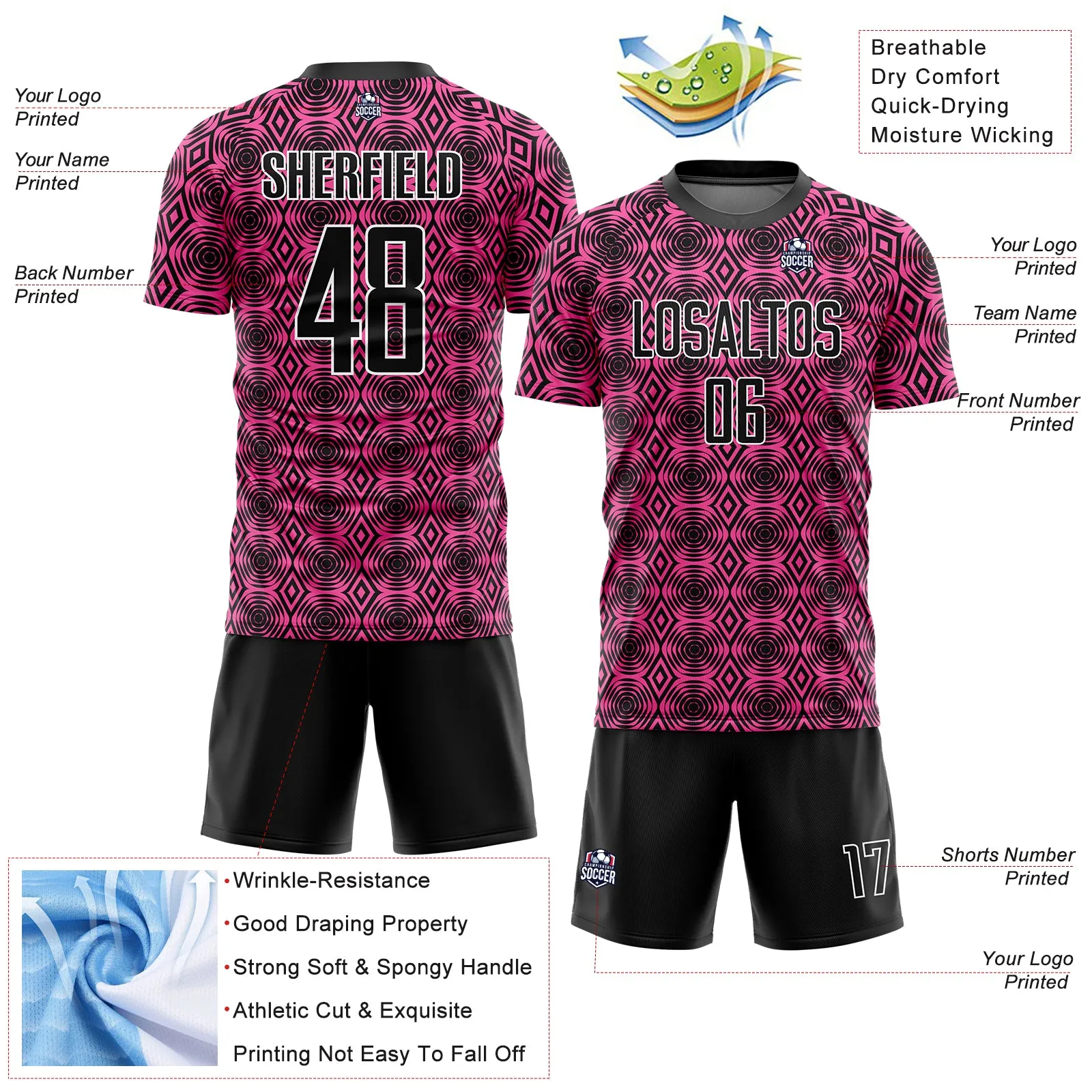 Custom Pink Black-White Geometric Shapes Sublimation Soccer Uniform Jersey