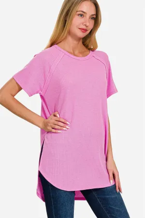 Long Pink Tunic For Women Zenana Slit Round Neck Short Sleeve Waffle Top