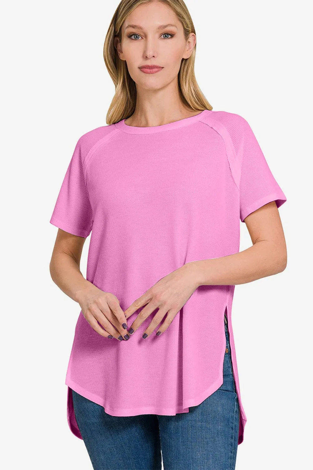 Long Pink Tunic For Women Zenana Slit Round Neck Short Sleeve Waffle Top