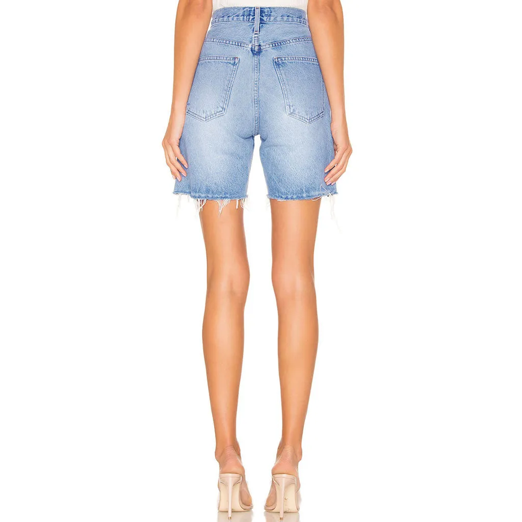 Street Style High Waist Frayed Bermuda Denim Shorts - Blue