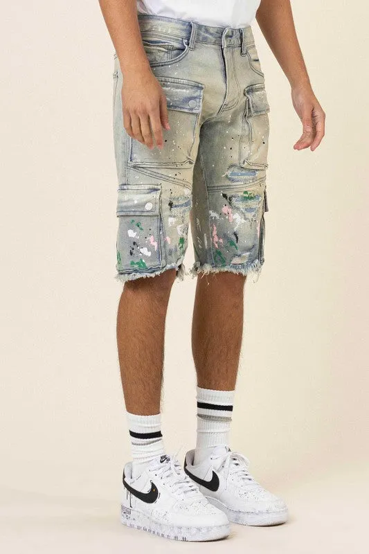 TEEK - Light Sand Tint Hand Painted Cargo Denim Shorts