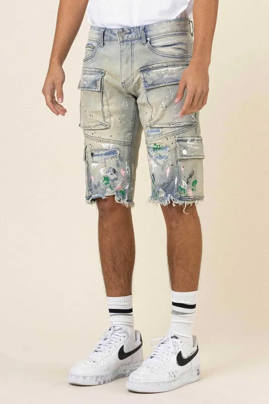 TEEK - Light Sand Tint Hand Painted Cargo Denim Shorts