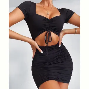 Trendy V Neck Pleated Drawstring Short Sleeve Sexy Dress