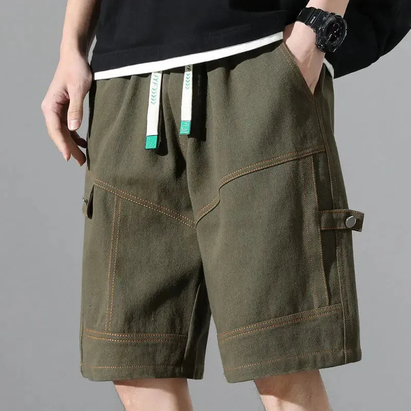 Wiaofellas  -  Fashion Elastic Spliced Straight Cargo Denim Shorts Men's Clothing Summer New Loose Korean High Waist Knee Casual Shorts