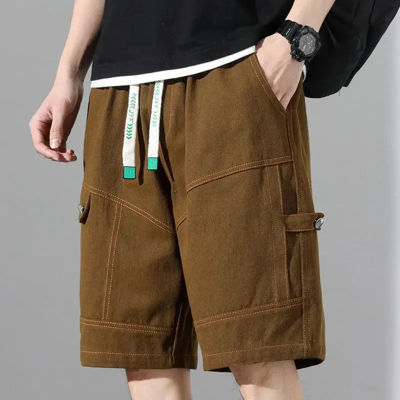 Wiaofellas  -  Fashion Elastic Spliced Straight Cargo Denim Shorts Men's Clothing Summer New Loose Korean High Waist Knee Casual Shorts